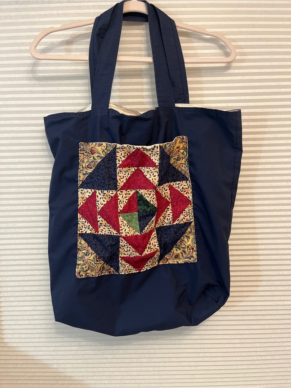 Navy Quilted Patchwork Tote Bag - Handmade Patch Detail